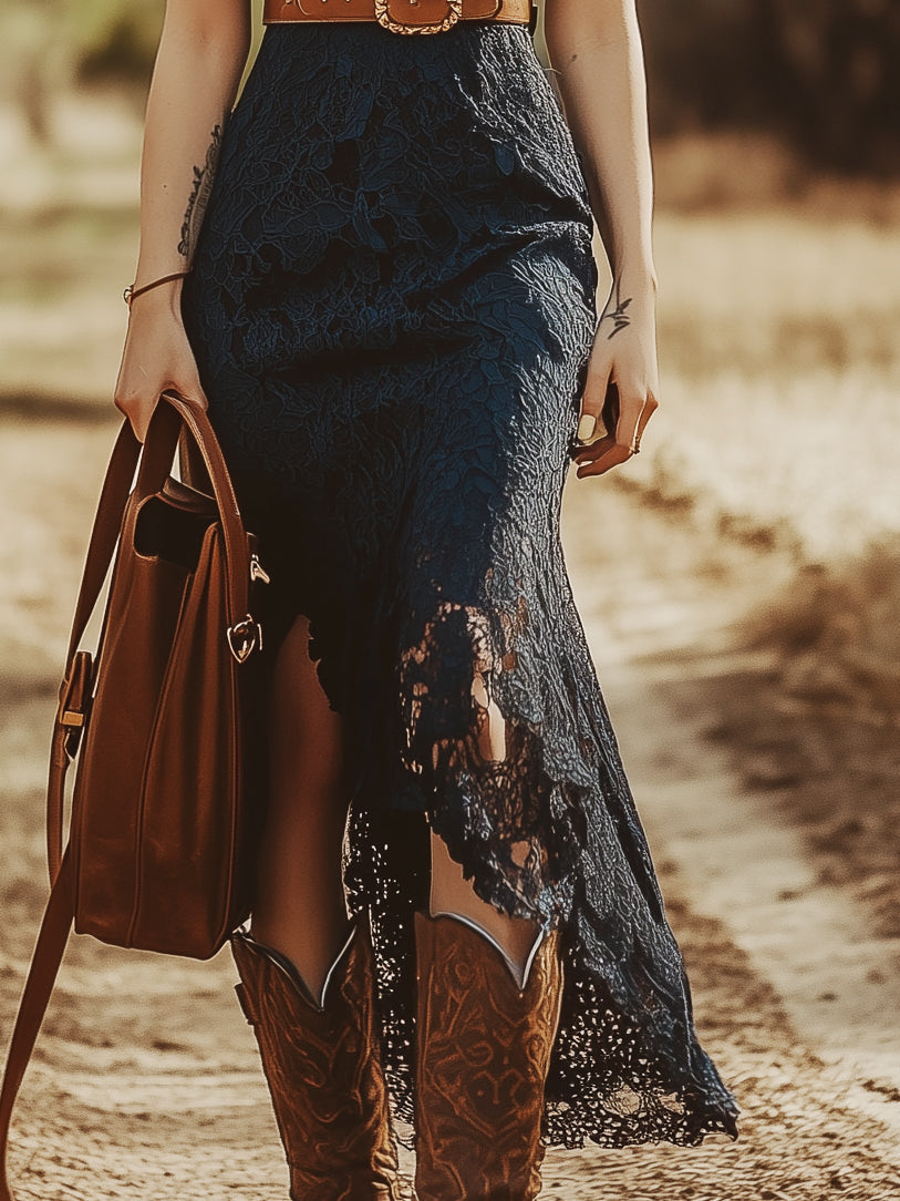 Women's Vintage Boho Lace Sleeveless Midi Dress Cowgirl Garden Party Everyday Romantic – Navy Blue - Lolly 