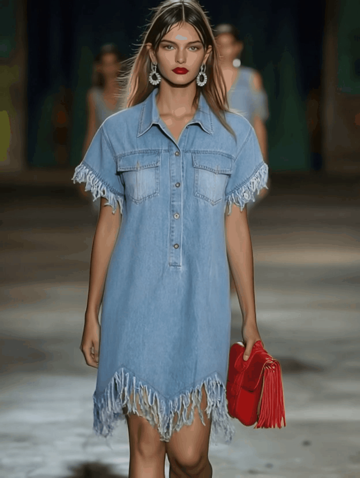 Women's Vintage Denim Shirt Mini Dress Short Sleeve Tassel Fringe Lapel Button Casual Summer Everyday Beach – Light Blue Loose Fit - Lolly 
