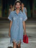 Women's Vintage Denim Shirt Mini Dress Short Sleeve Tassel Fringe Lapel Button Casual Summer Everyday Beach – Light Blue Loose Fit - Lolly 