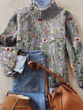 Women's Vintage Floral Knit Sweater Turtleneck Relaxed Fit Soft Breathable Casual Work Office Weekend Everyday Autumn Winter Layering – Maurine - Lolly 