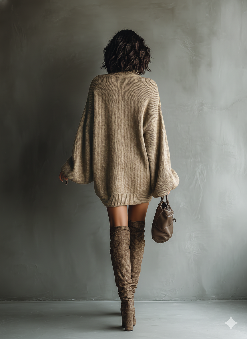Women's Vintage Knit Mini Party Dress Long Sleeve Loose Fit Cozy Casual Retro – Caramel Brown - Lolly 