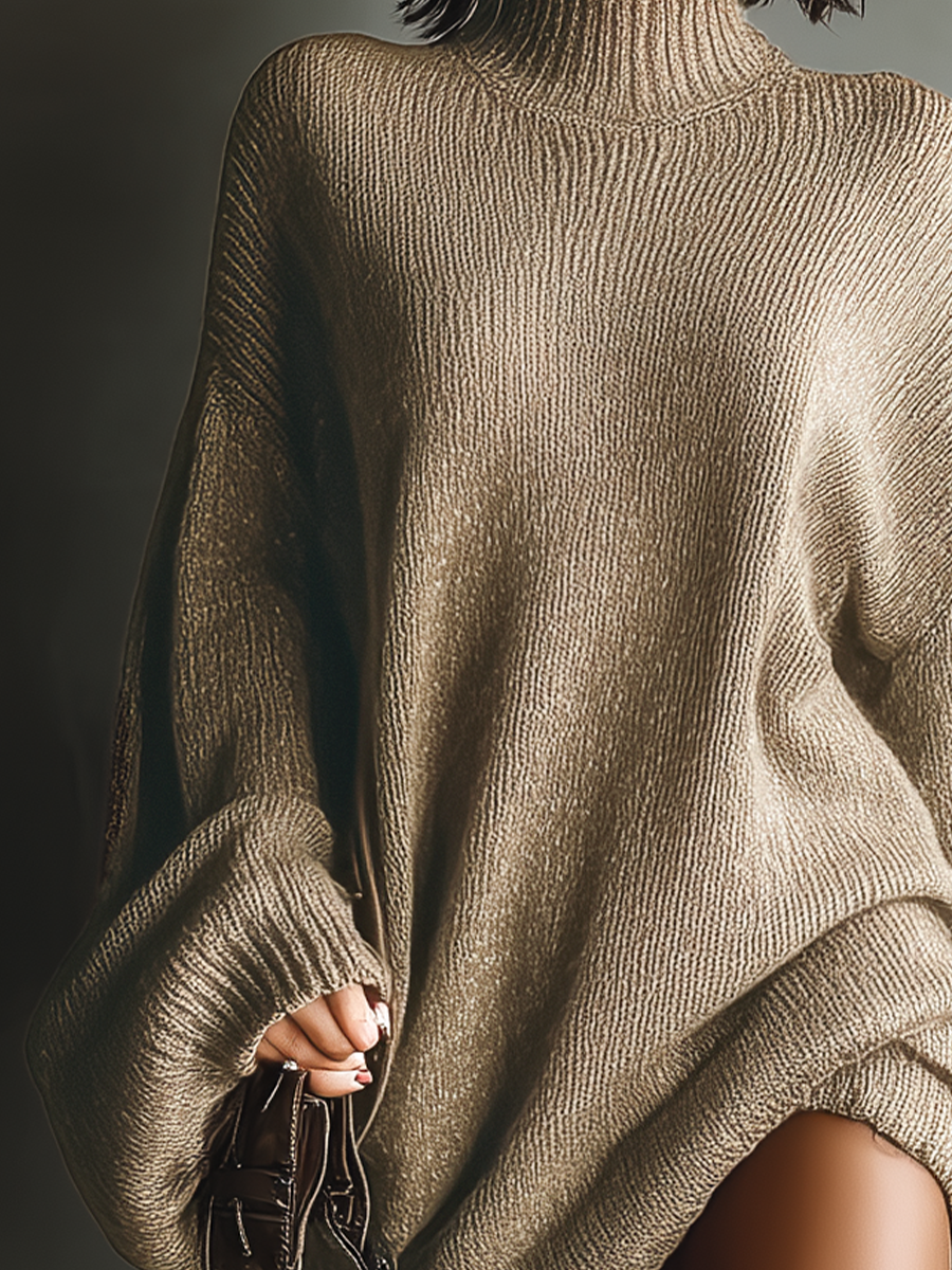 Women's Vintage Knit Mini Party Dress Long Sleeve Loose Fit Cozy Casual Retro – Caramel Brown - Lolly 