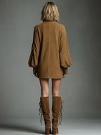 Women's Vintage Suede Mini Party Dress Turtleneck Long Sleeve Loose Fit Casual Retro – Brown - Lolly 