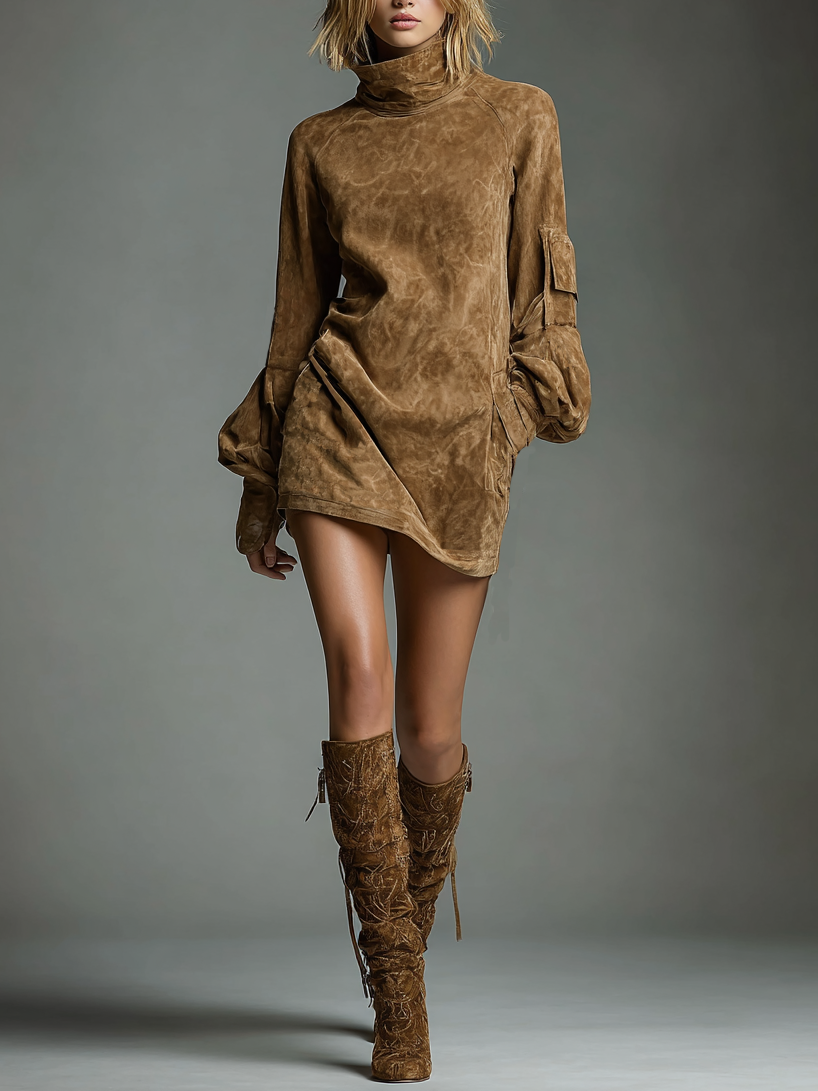 Women's Vintage Suede Mini Party Dress Turtleneck Long Sleeve Loose Fit Casual Retro – Brown - Lolly 