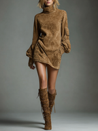 Women's Vintage Suede Mini Party Dress Turtleneck Long Sleeve Loose Fit Casual Retro – Brown - Lolly 