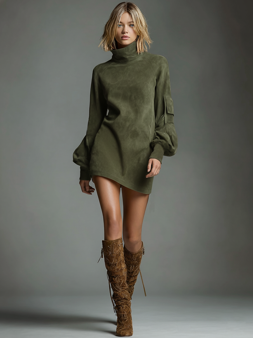 Women's Vintage Suede Mini Party Dress Turtleneck Long Sleeve Loose Fit Casual Retro – Brown - Lolly 