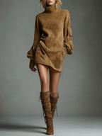 Women's Vintage Suede Mini Party Dress Turtleneck Long Sleeve Loose Fit Casual Retro – Brown - Lolly 