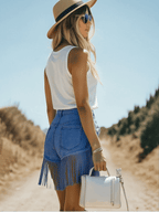 Women's Vintage Washed Denim Fringe Tassel Mini Short Skirt Raw Edge High Waist Slim Fit Casual Summer - Lolly 