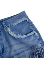 Women's Vintage Washed Denim Fringe Tassel Mini Short Skirt Raw Edge High Waist Slim Fit Casual Summer - Lolly 