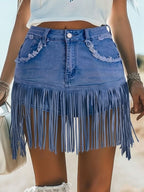 Women's Vintage Washed Denim Fringe Tassel Mini Short Skirt Raw Edge High Waist Slim Fit Casual Summer - Lolly 