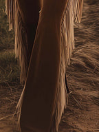 Women's Vintage Western Flared Jeans Fringe Tassel Loose Fit Casual Retro Denim – Brown - Lolly 