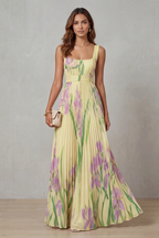 Women's Watercolor Floral Pleated Maxi Dress Square Neckline Wide Waistband Sleeveless Formal Wedding Guest Garden Party Evening Gala – Vivienna - Lolly 