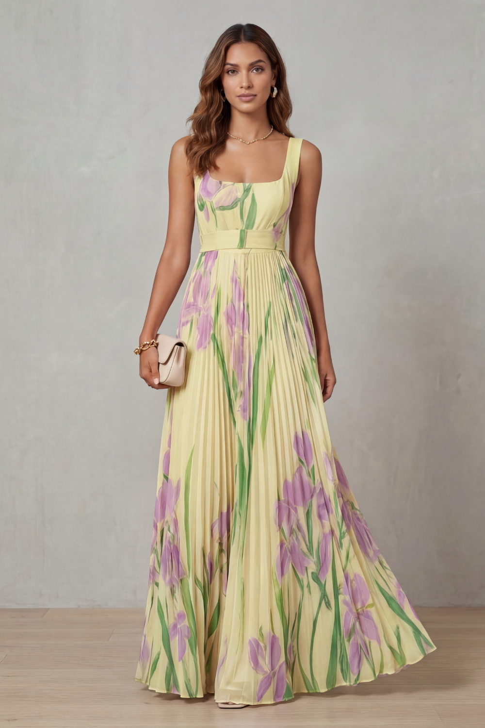 Women's Watercolor Floral Pleated Maxi Dress Square Neckline Wide Waistband Sleeveless Formal Wedding Guest Garden Party Evening Gala – Vivienna - Lolly 