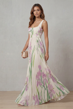 Women's Watercolor Floral Pleated Maxi Dress Square Neckline Wide Waistband Sleeveless Formal Wedding Guest Garden Party Evening Gala – Vivienna - Lolly 