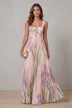 Women's Watercolor Floral Pleated Maxi Dress Square Neckline Wide Waistband Sleeveless Formal Wedding Guest Garden Party Evening Gala – Vivienna - Lolly 