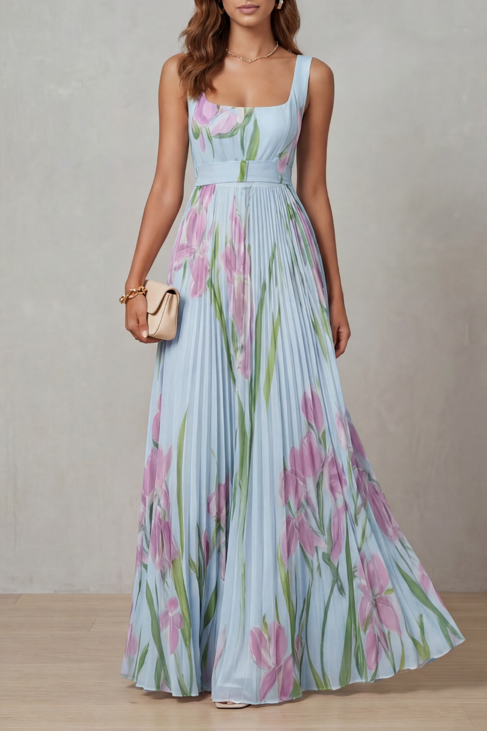 Women's Watercolor Floral Pleated Maxi Dress Square Neckline Wide Waistband Sleeveless Formal Wedding Guest Garden Party Evening Gala – Vivienna - Lolly 