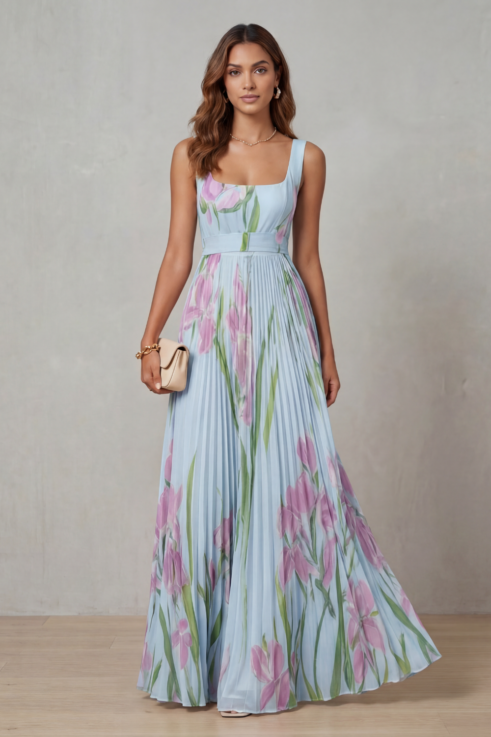 Women's Watercolor Floral Pleated Maxi Dress Square Neckline Wide Waistband Sleeveless Formal Wedding Guest Garden Party Evening Gala – Vivienna - Lolly 