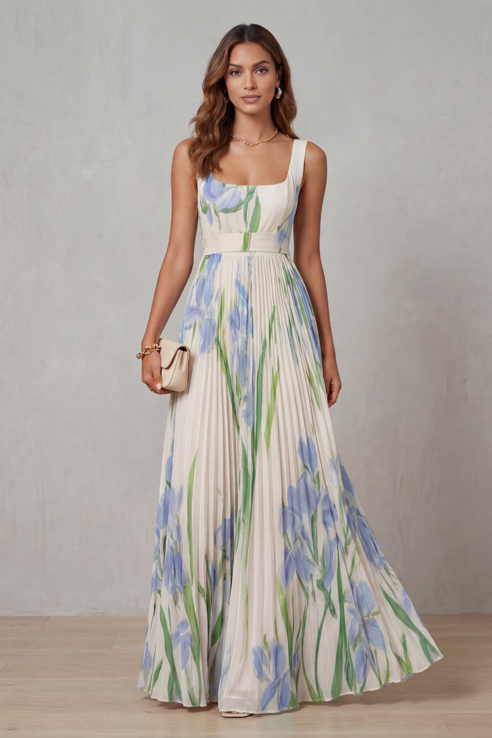 Women's Watercolor Floral Pleated Maxi Dress Square Neckline Wide Waistband Sleeveless Formal Wedding Guest Garden Party Evening Gala – Vivienna - Lolly 