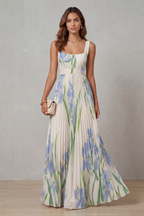 Women's Watercolor Floral Pleated Maxi Dress Square Neckline Wide Waistband Sleeveless Formal Wedding Guest Garden Party Evening Gala – Vivienna - Lolly 