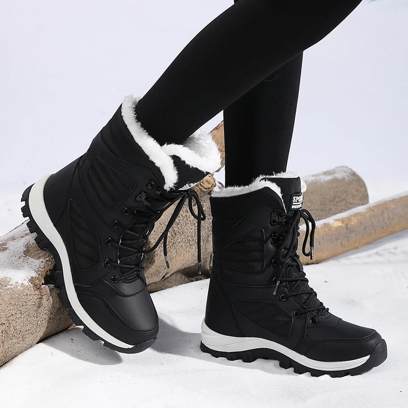 Women's Waterproof Snow Boots Lace-Up Mid-Calf Winter Hiking Insulated Faux Fur - Lolly 