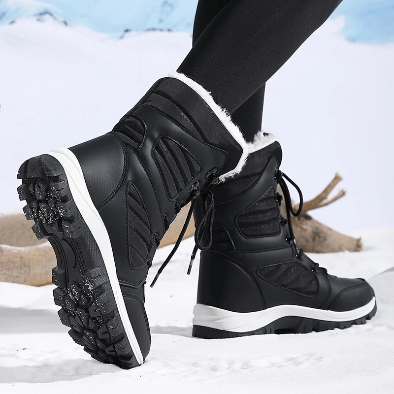 Women's Waterproof Snow Boots Lace-Up Mid-Calf Winter Hiking Insulated Faux Fur - Lolly 