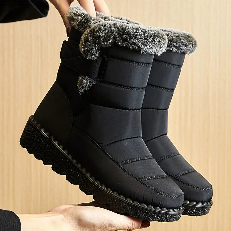 Women's Waterproof Snow Boots Mid-Calf Fur Lined Winter Boots Slip-On Warm - Lolly 