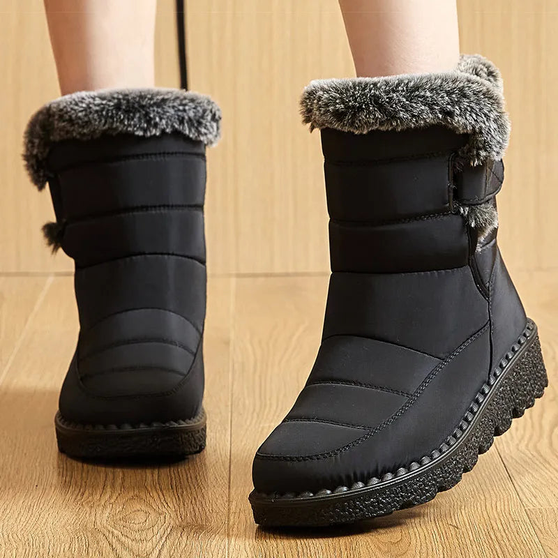 Women's Waterproof Snow Boots Mid-Calf Fur Lined Winter Boots Slip-On Warm - Lolly 