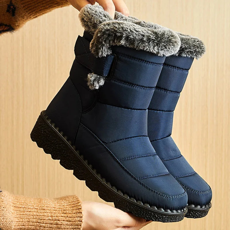 Women's Waterproof Snow Boots Mid-Calf Fur Lined Winter Boots Slip-On Warm - Lolly 