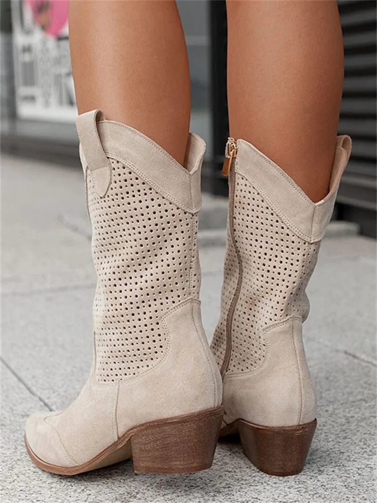 Women's Western Cowboy Boots Mid-Calf Perforated Block Heel Side Zip - Lolly 