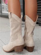 Women's Western Cowboy Boots Mid-Calf Perforated Block Heel Side Zip - Lolly 