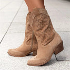 Women's Western Cowboy Boots Mid-Calf Perforated Block Heel Side Zip - Lolly 