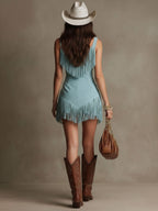 Women's Western Retro Faux Suede Tassel Mini Dress Sleeveless Zipper Cowgirl Party Summer Dress – Light Blue - Lolly 