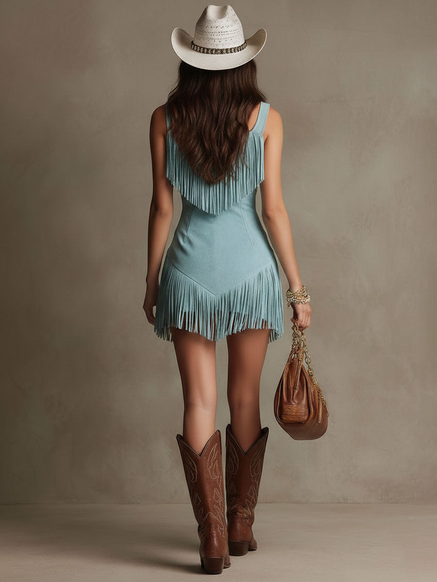 Women's Western Retro Faux Suede Tassel Mini Dress Sleeveless Zipper Cowgirl Party Summer Dress – Light Blue - Lolly 