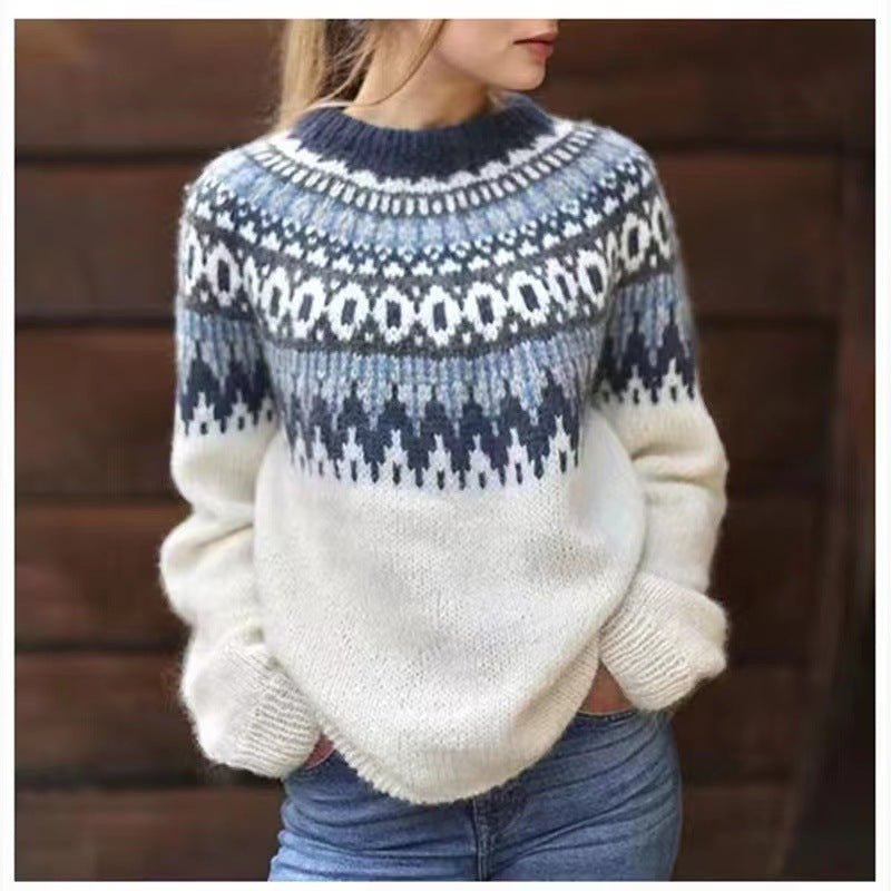 Women's Winter Coat Nordic Pattern Sweater Relaxed Fit Cozy Knit Fairisle Casual Pullover – Dana - Lolly 