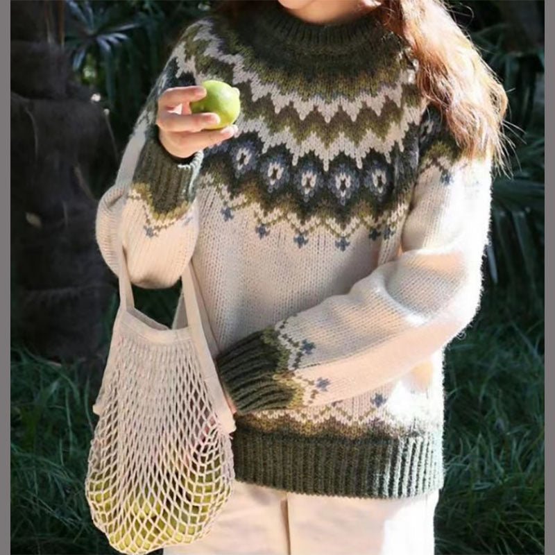 Women's Winter Coat Nordic Pattern Sweater Relaxed Fit Cozy Knit Fairisle Casual Pullover – Dana - Lolly 