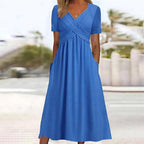 Women's Wrap-Front Midi Dress V-Neck Short Sleeve A-Line Tummy Coverage Side Pockets Casual Summer Everyday Brunch Garden – Carmen - Lolly 