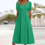 Women's Wrap-Front Midi Dress V-Neck Short Sleeve A-Line Tummy Coverage Side Pockets Casual Summer Everyday Brunch Garden – Carmen - Lolly 