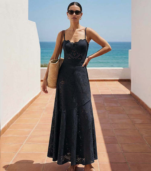 Women's Black Laser Cut Hollow-Out One-Piece Swimsuit & Long Skirt Set Scalloped V-Neck Beach Vacation Resort Pool Party Cruise – Black
